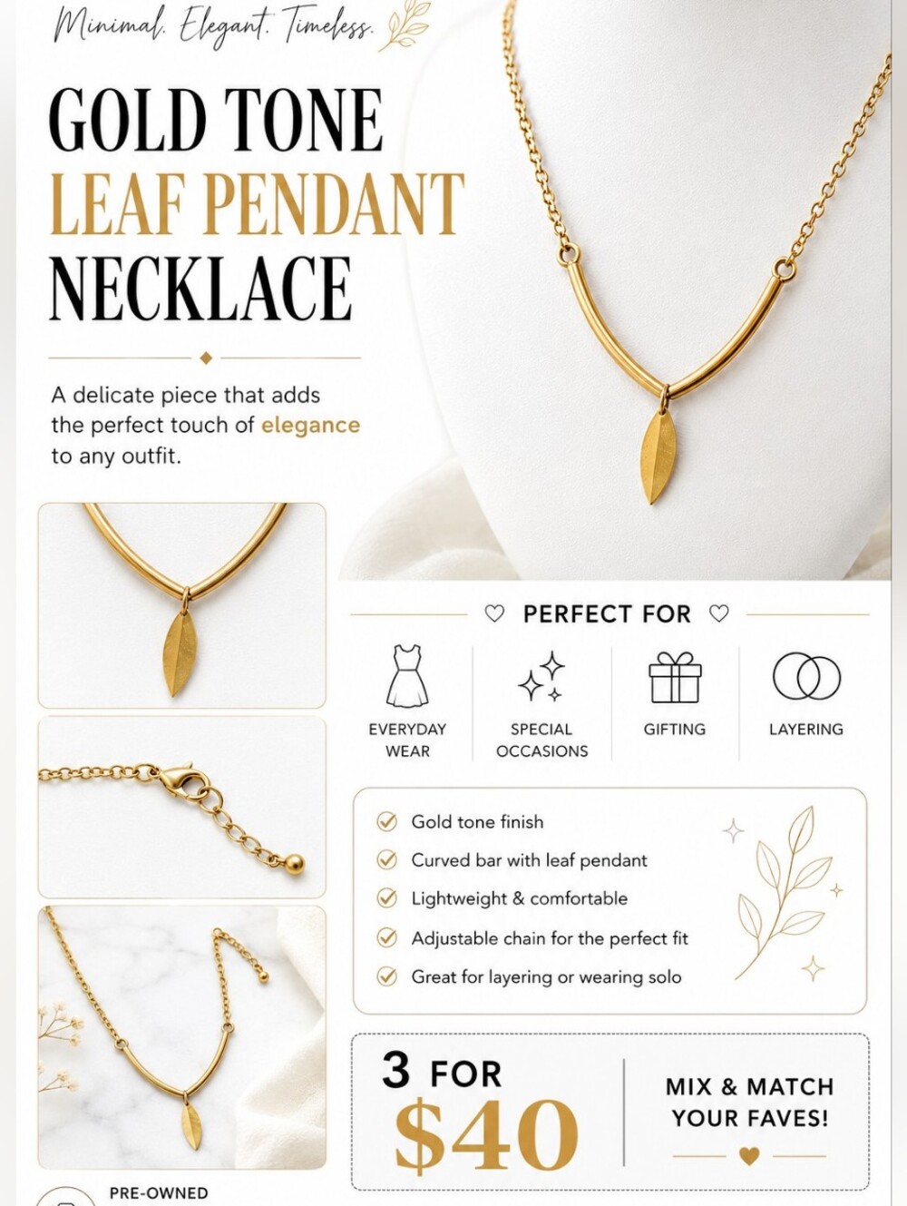 Minimalist Gold-Tone Necklace • 20" Chain • Curved Bar with Leaf Drop Pendant